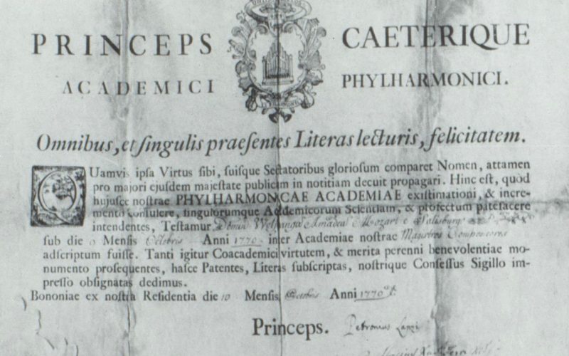 Il diploma che Mozart ricevette all’Accademia Filarmonica di Bologna nel luglio 1770